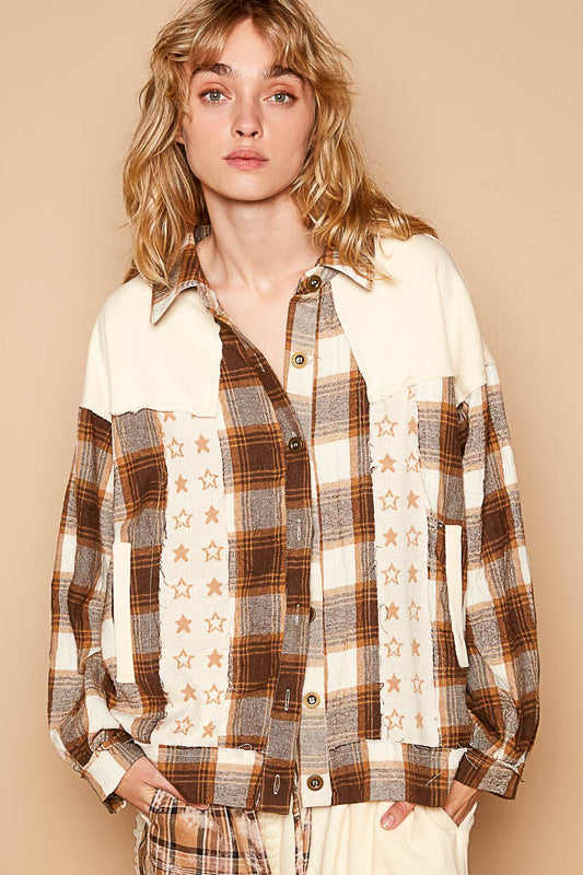 Plaid & Star Patchwork Contrast Long Sleeve"Shacket" Shirt Jacket