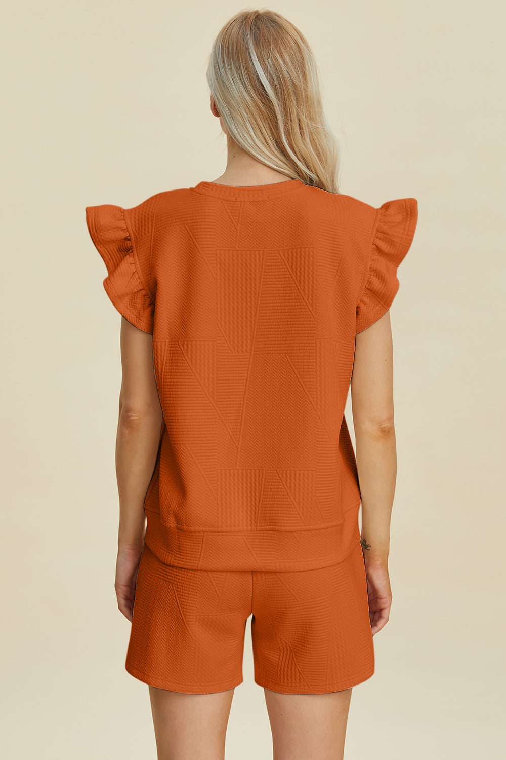 Textured Round Neck Ruffle Sleeve Top and Shorts Set