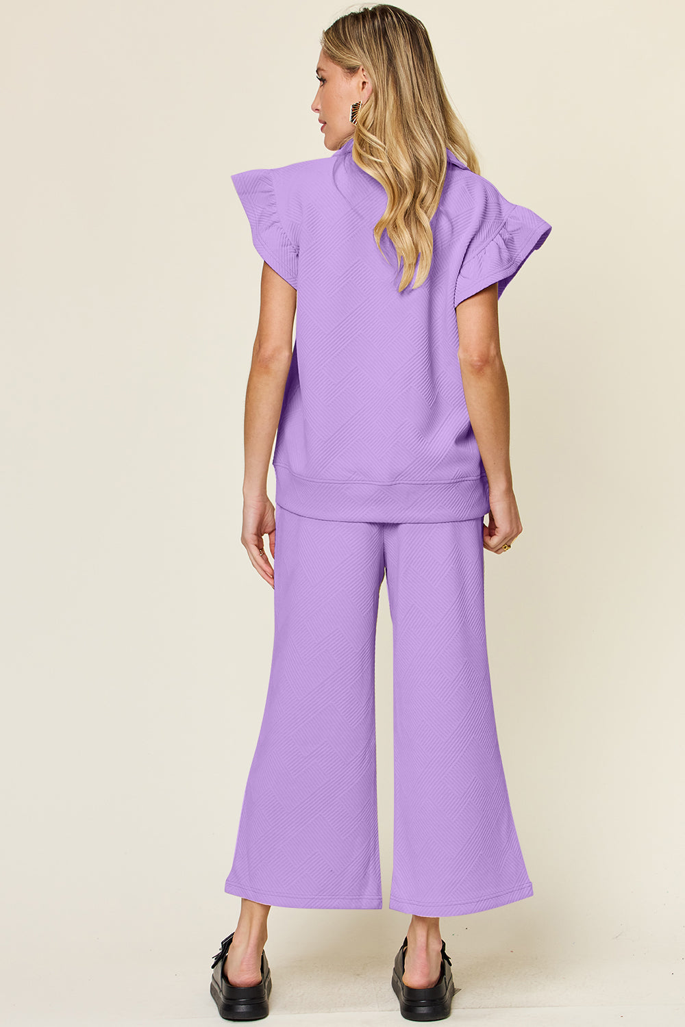 Textured Ruffle Short Sleeve Top and Drawstring Wide Leg Pants Set
