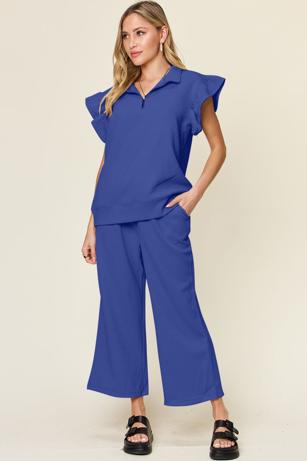 Textured Ruffle Short Sleeve Top and Drawstring Wide Leg Pants Set
