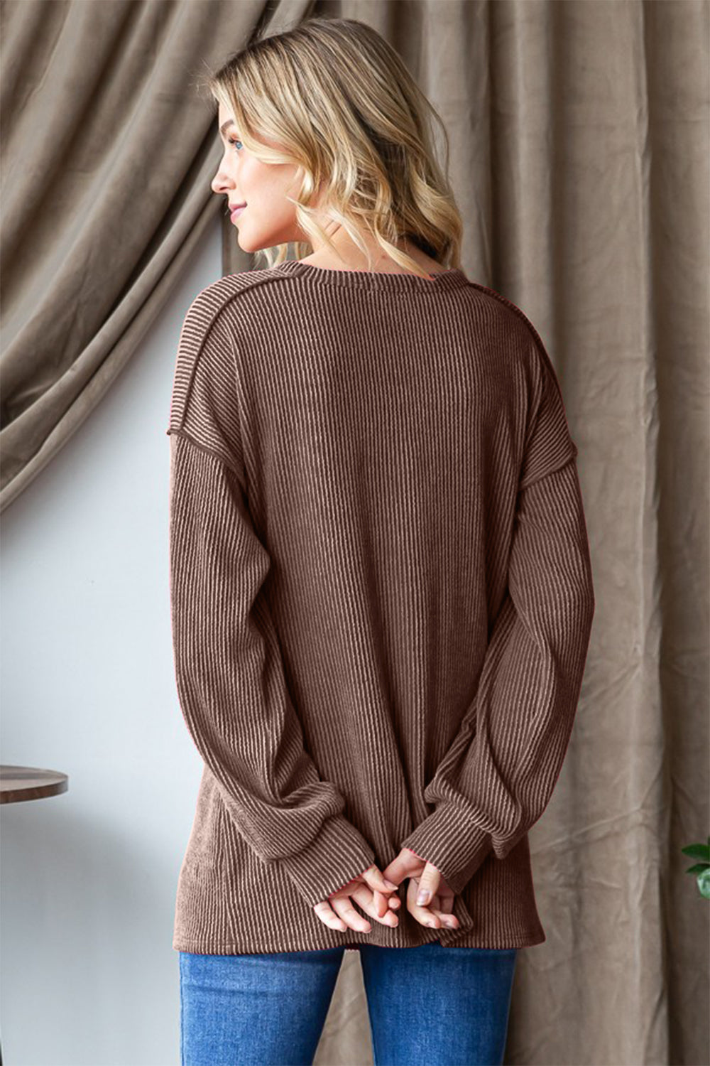 Ribbed Exposed Seam Long Sleeve Tops