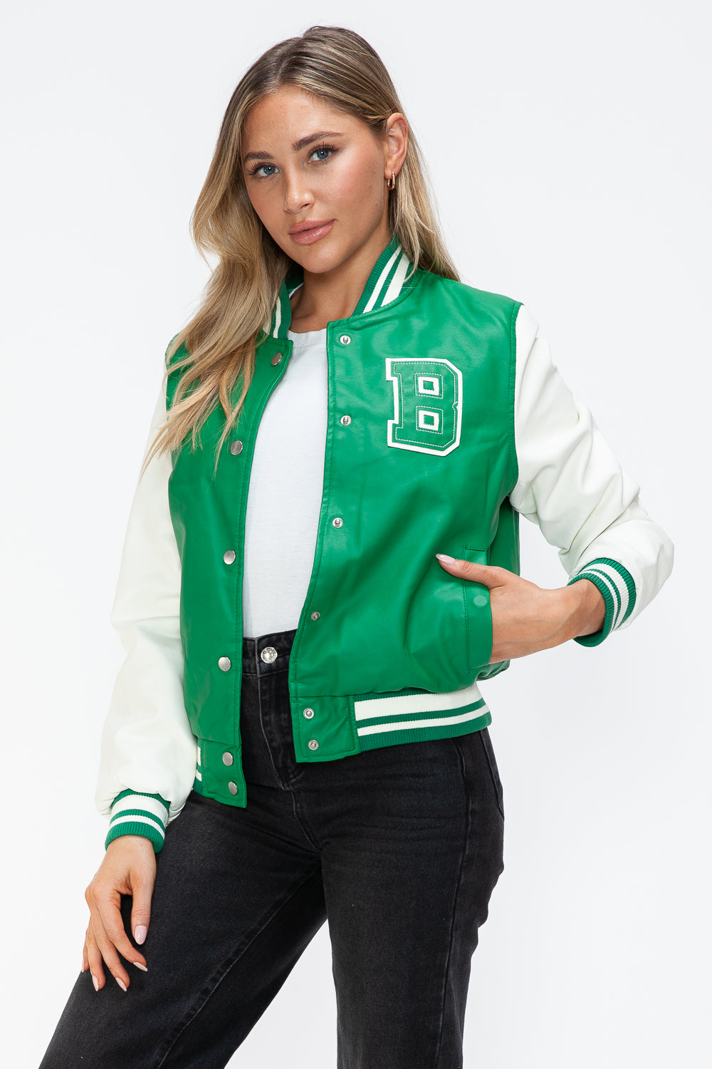 PU Leather Contrast Snap Down Bomber Jacket