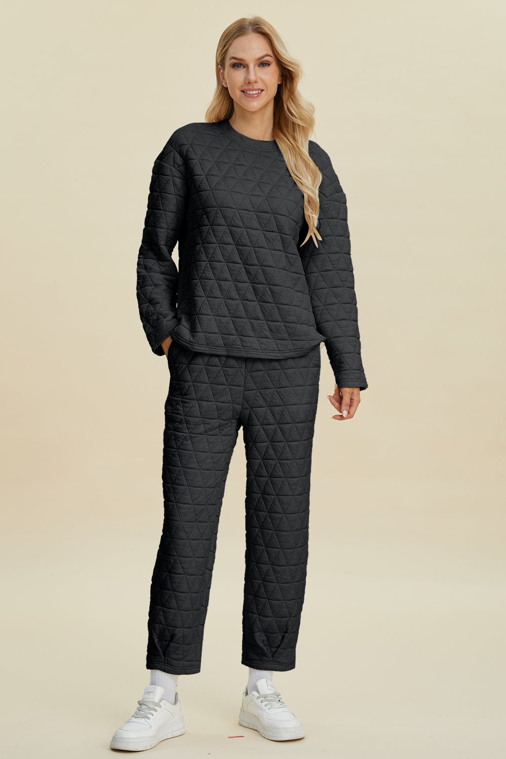 Textured Round Neck Long Sleeve Top and Pants Set