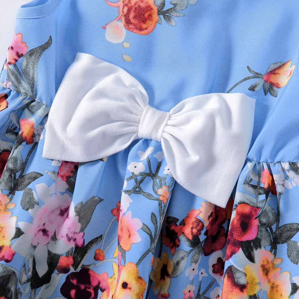 Family Matching! Blue or Yellow Floral Ruffle-Sleeve Midi Dresses & Striped T-shirts