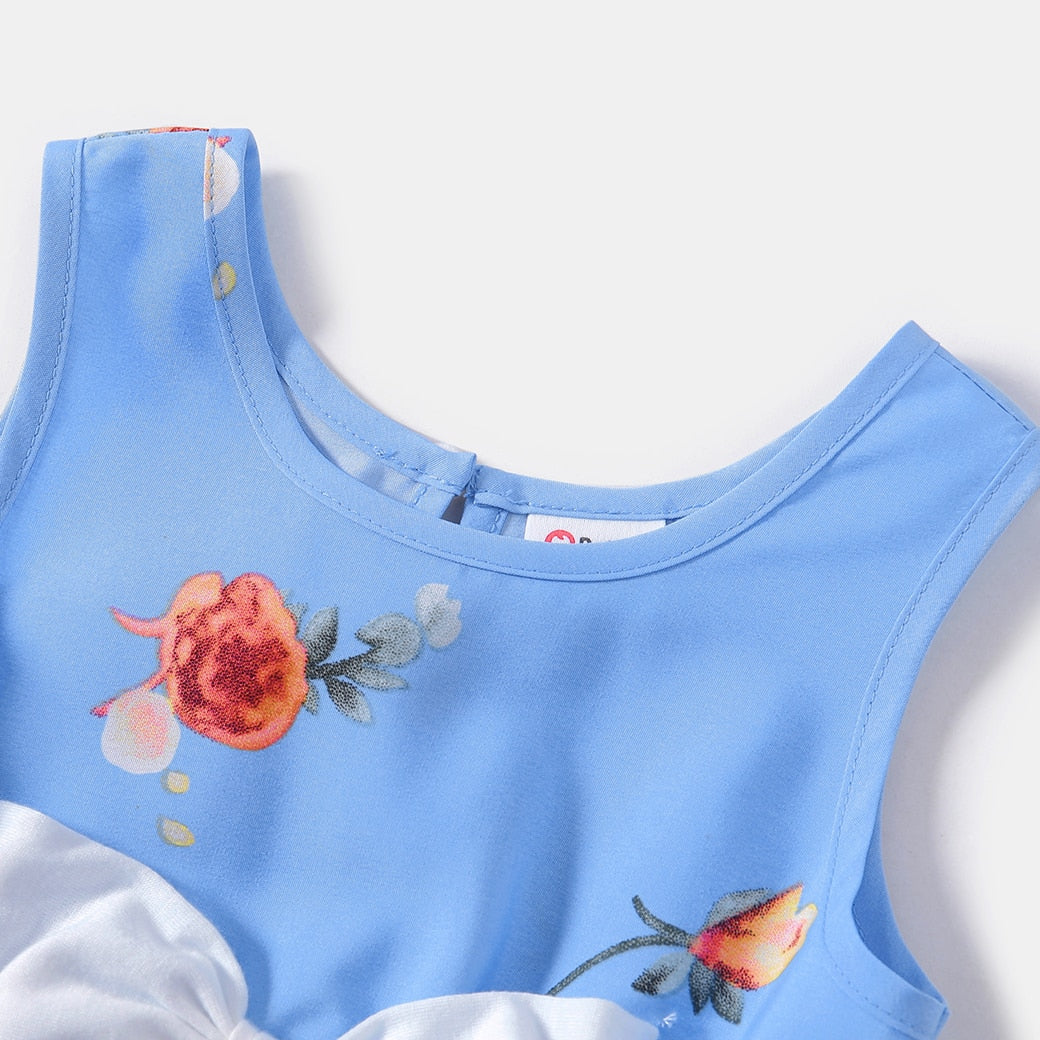 Family Matching! Blue or Yellow Floral Ruffle-Sleeve Midi Dresses & Striped T-shirts
