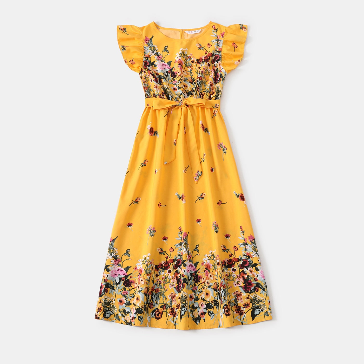 Family Matching! Blue or Yellow Floral Ruffle-Sleeve Midi Dresses & Striped T-shirts