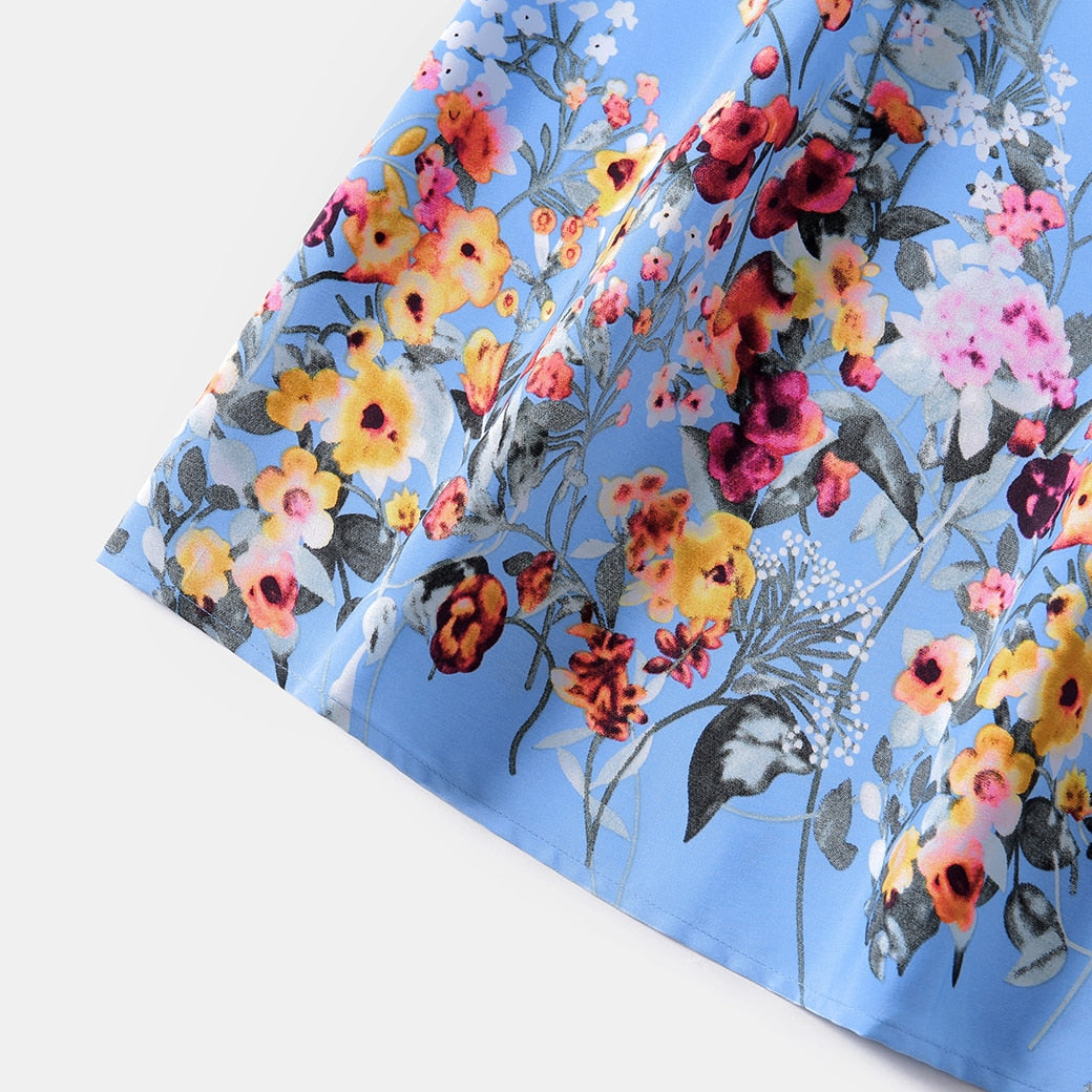 Family Matching! Blue or Yellow Floral Ruffle-Sleeve Midi Dresses & Striped T-shirts