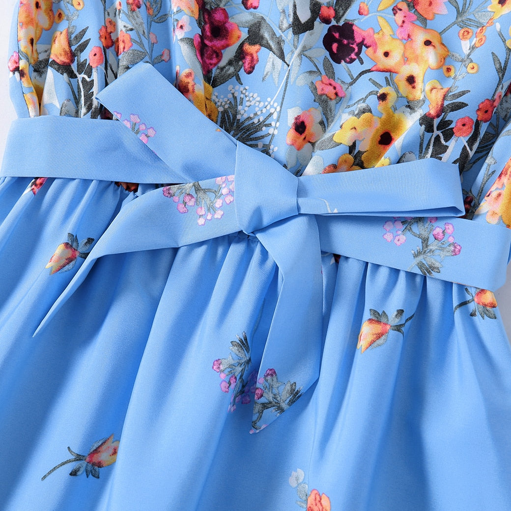 Family Matching! Blue or Yellow Floral Ruffle-Sleeve Midi Dresses & Striped T-shirts