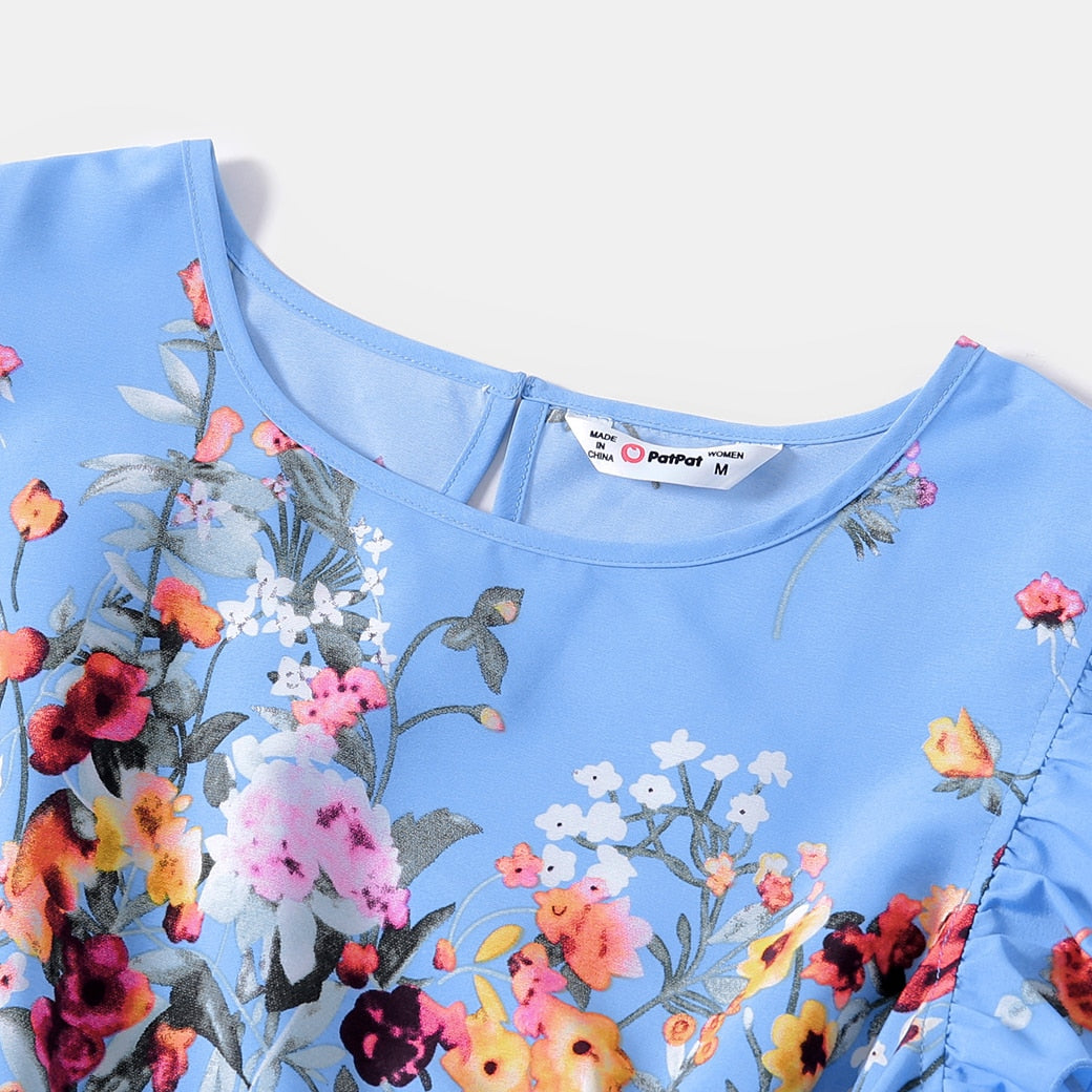 Family Matching! Blue or Yellow Floral Ruffle-Sleeve Midi Dresses & Striped T-shirts