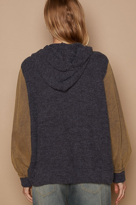 Contrast Square Patch  Hooded Zipper Jacket