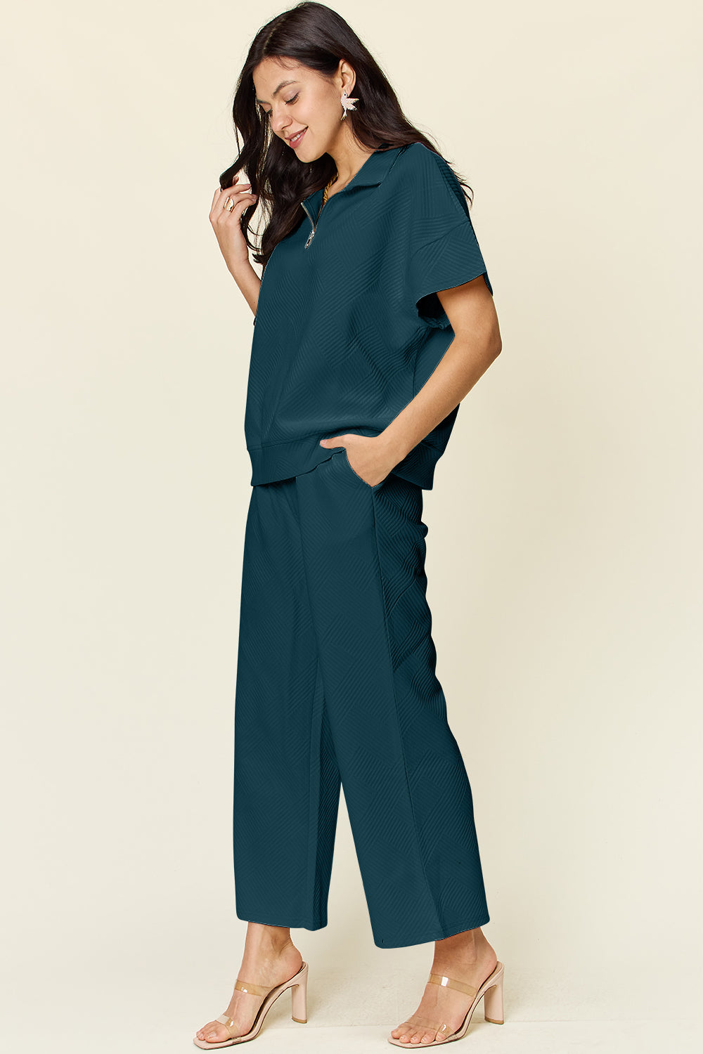 Textured Half Zip Short Sleeve Top and Pants Set