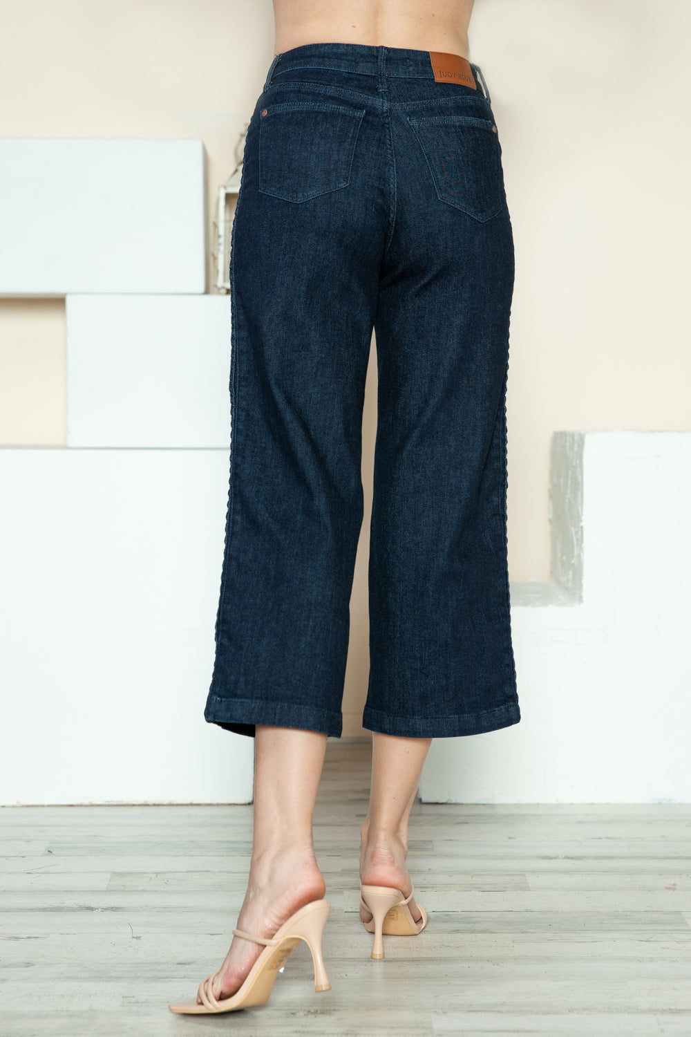 Side Seam Braid Detail Crop Wide Leg Jeans