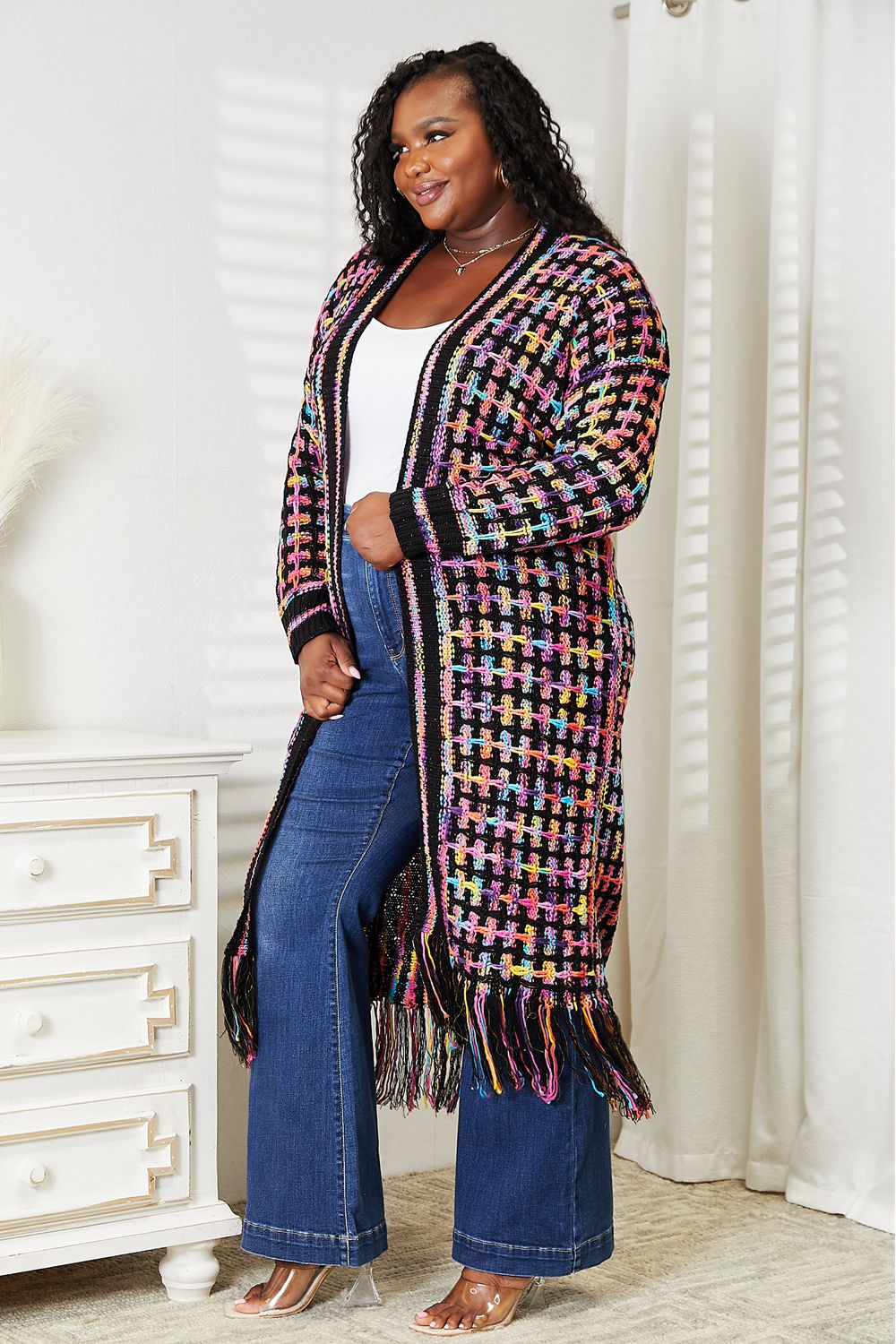 Multicolor Open Front Fringe Hem Cardigan
