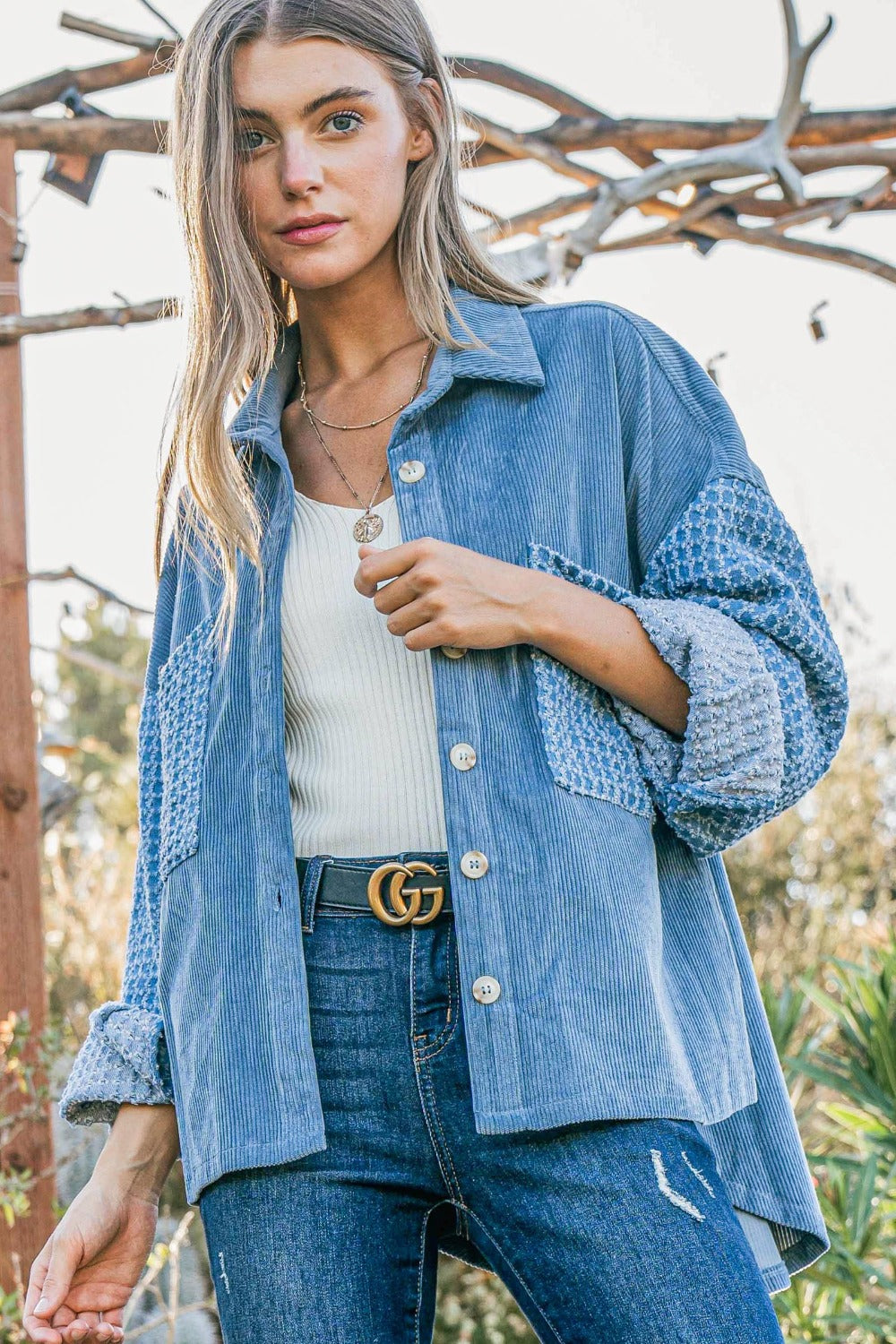 Button Down Corduroy Contrast Texture Long Sleeve "Shacket" Shirt Jacket