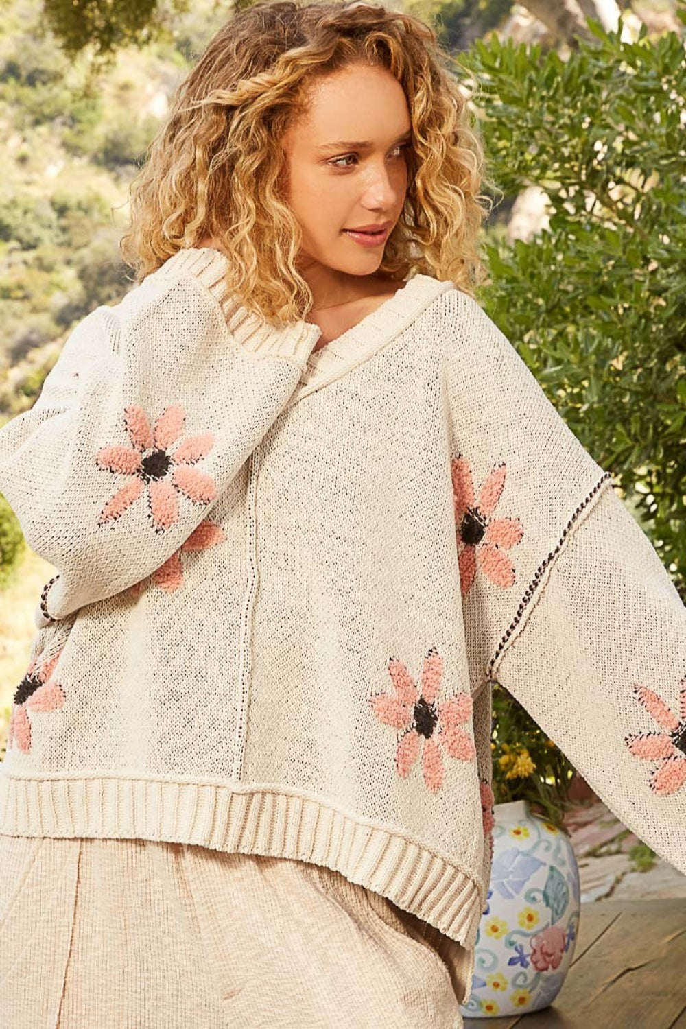 V-Neck Floral Chenille Sweater