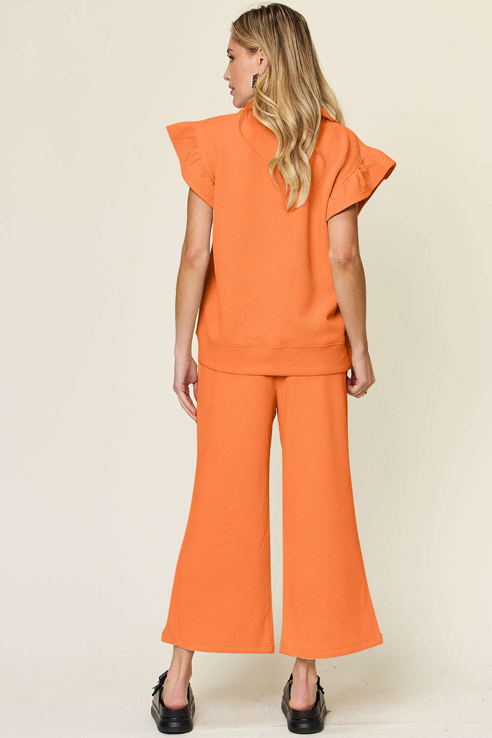 Textured Ruffle Short Sleeve Top and Drawstring Wide Leg Pants Set