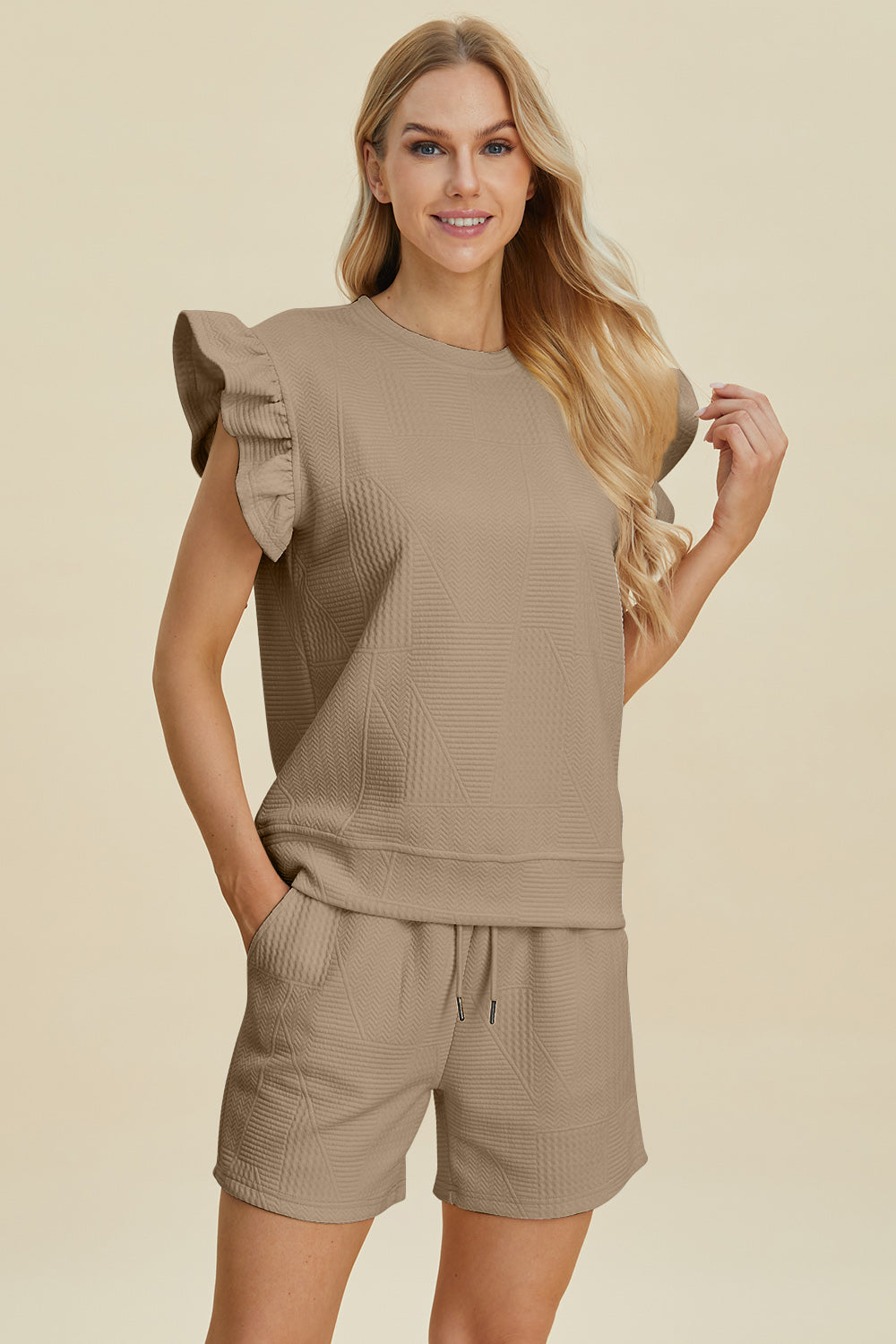 Textured Round Neck Ruffle Sleeve Top and Shorts Set