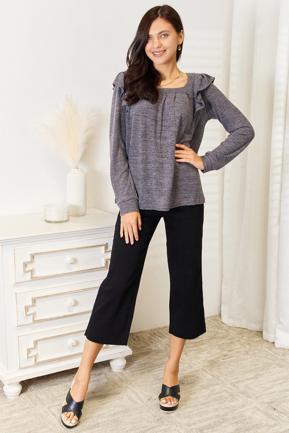 Square Neck Ruffle Shoulder Long Sleeve Tops