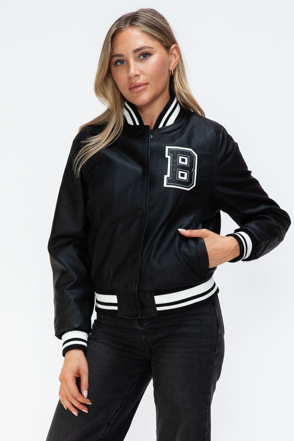 PU Leather Contrast Snap Down Bomber Jacket