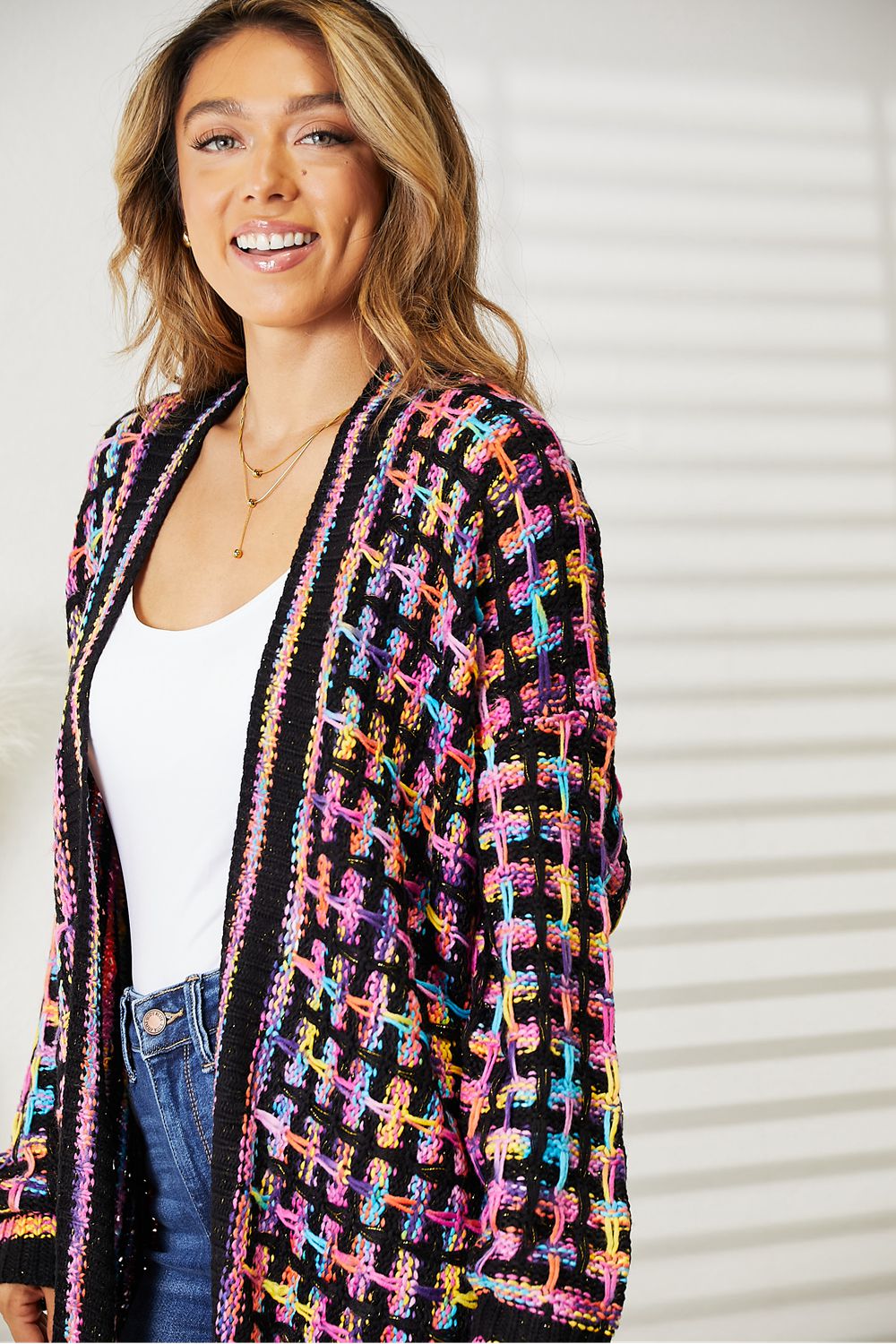 Multicolor Open Front Fringe Hem Cardigan