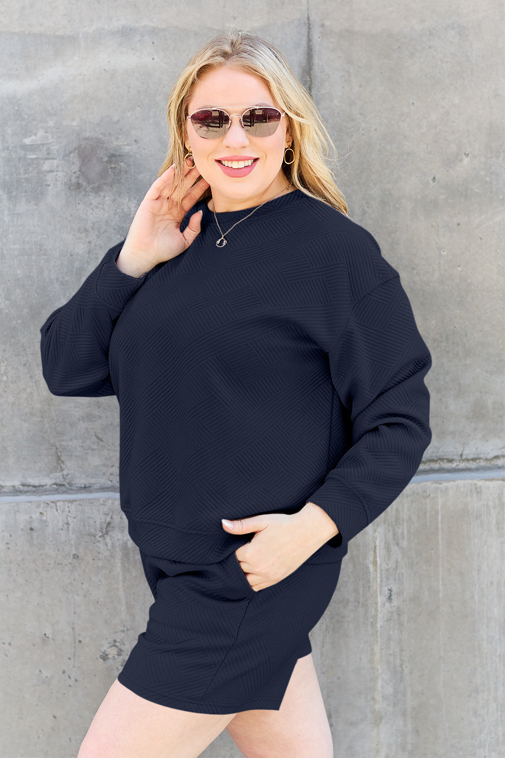 Textured Long Sleeve Top and Drawstring Shorts Set