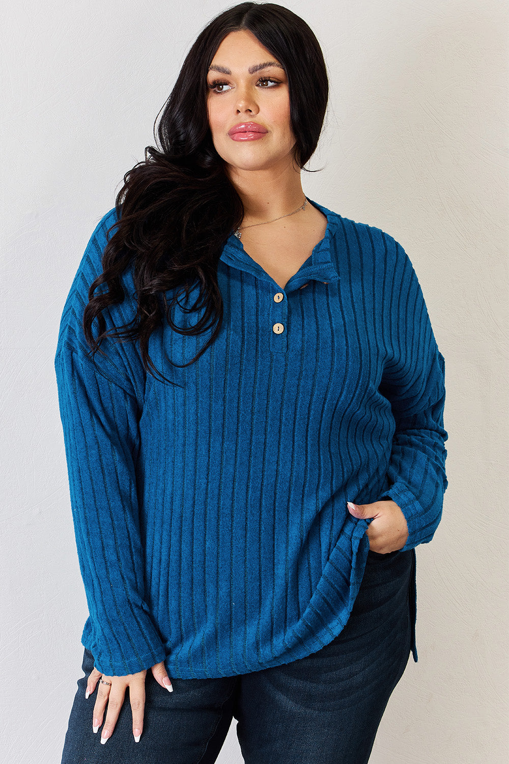 Ribbed Half Button Long Sleeve High-Low T-Shirt