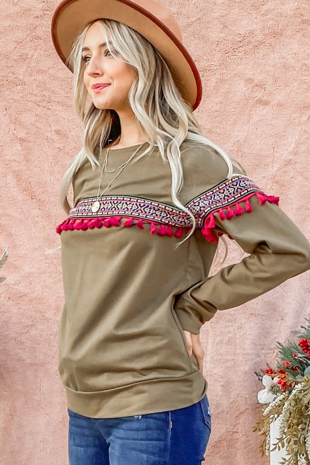 Tassel Trim Long Sleeve Tops