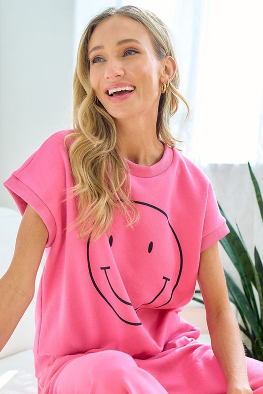 Smiley Face Drop Shoulder Brushed Inside T-Shirt