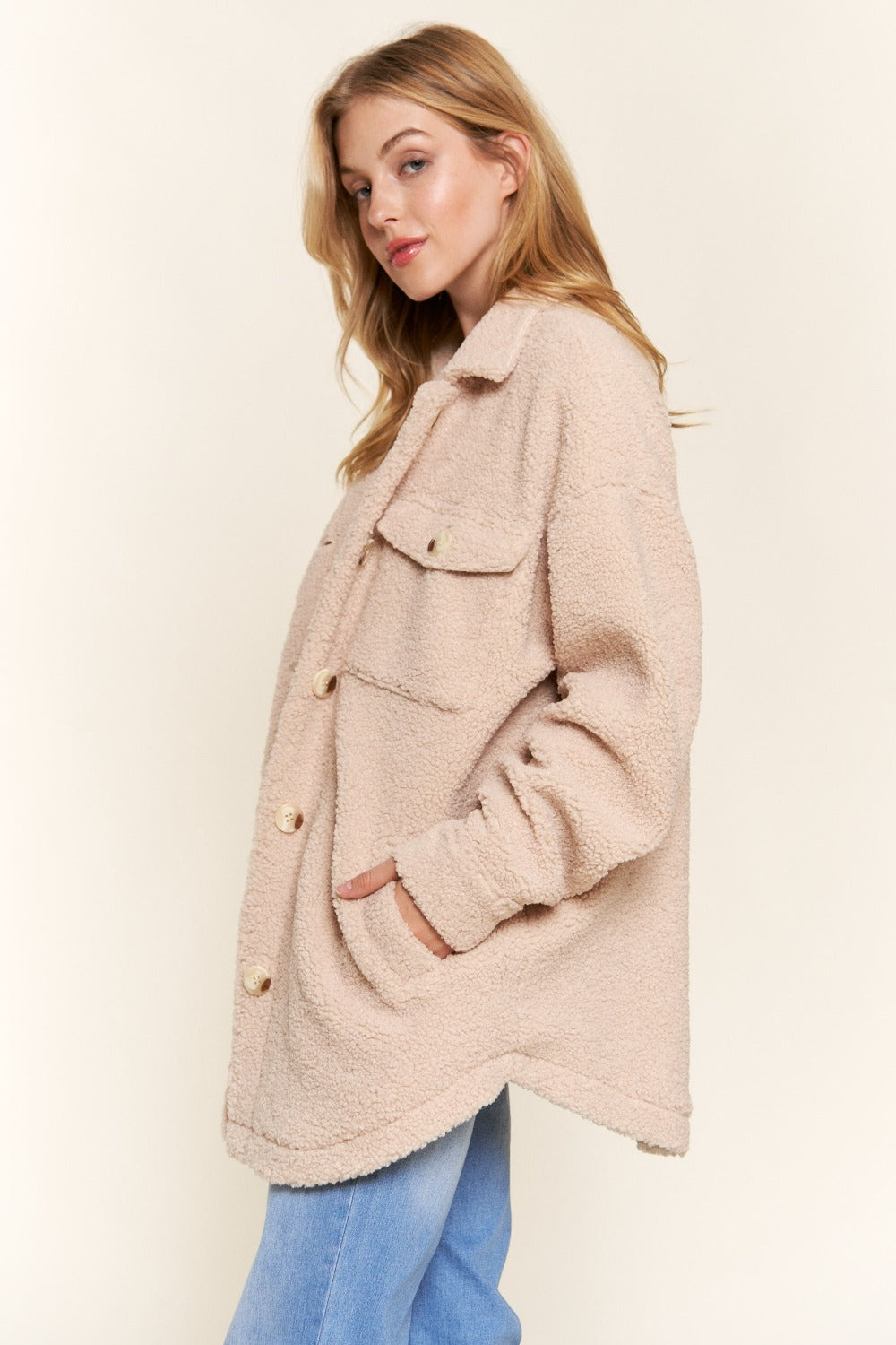 Teddy Sherpa Button Down Curved Hem "Shacket" Shirt Jacket
