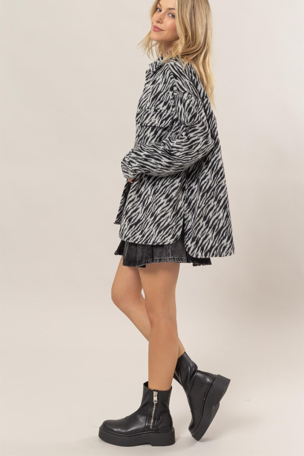 Zebra Print Snap Down Long Sleeve"Shacket" Shirt Jacket