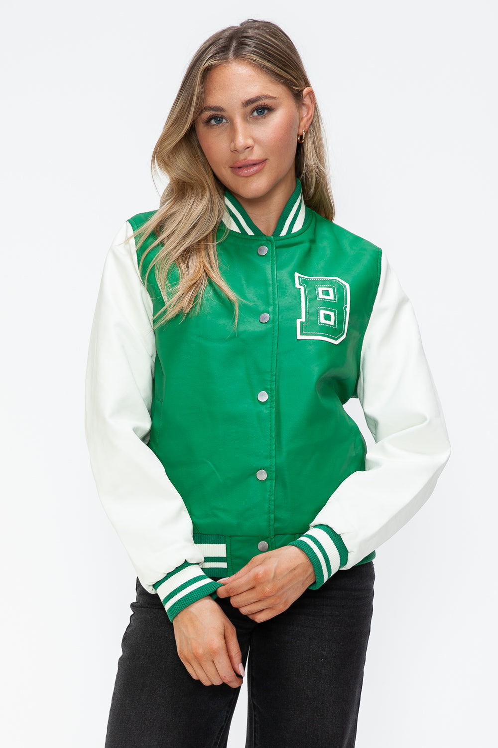 PU Leather Contrast Snap Down Bomber Jacket