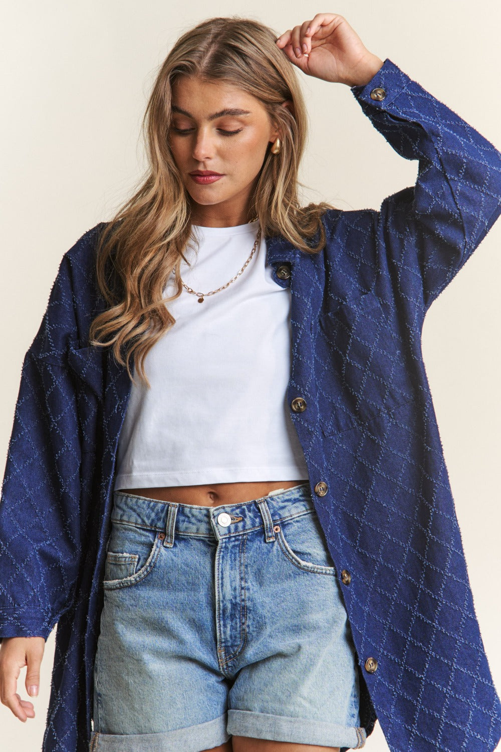 Rhombus Stitched Button Up Denim"Shacket" Shirt Jacket