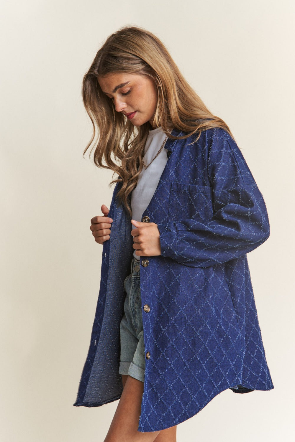 Rhombus Stitched Button Up Denim"Shacket" Shirt Jacket