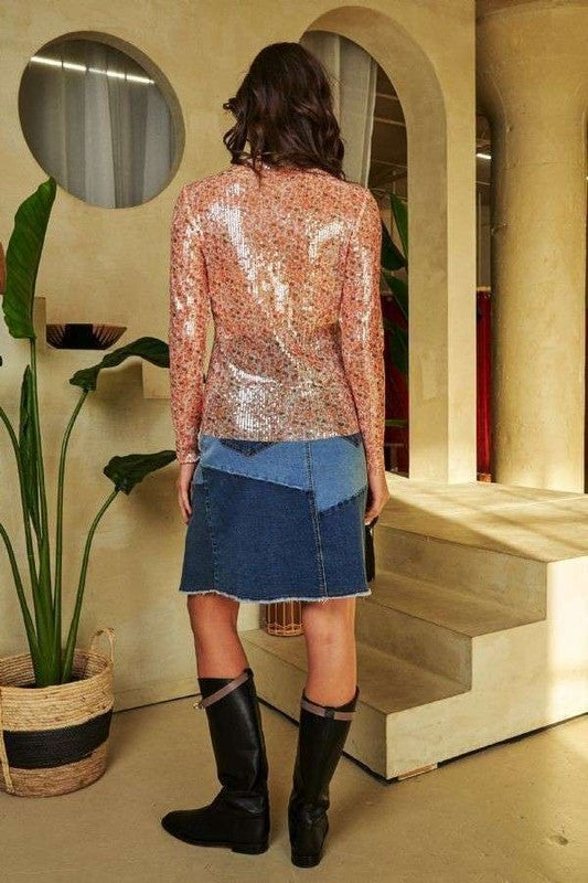 Sequin Mock Neck Long Sleeve Mesh Top