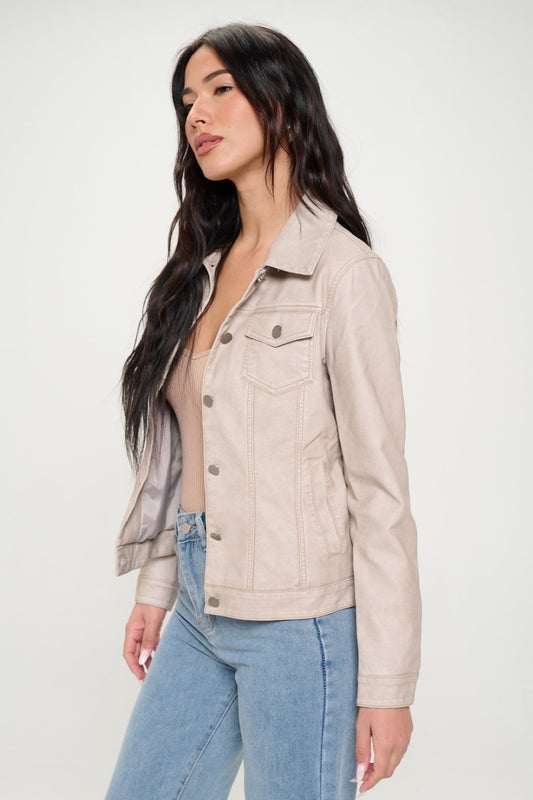Button Down Cargo Vegan Leather "Shacket" Shirt Jacket