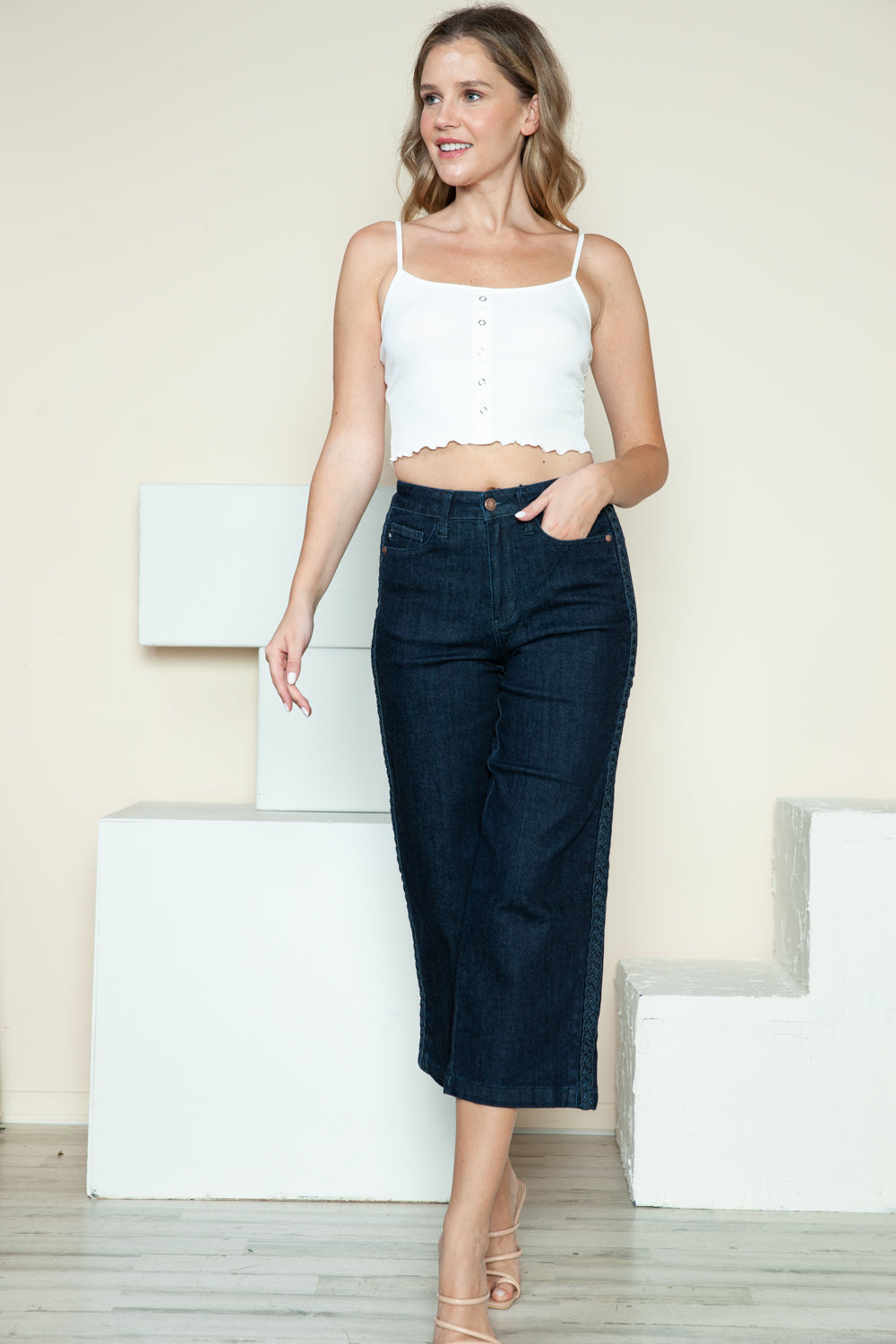 Side Seam Braid Detail Crop Wide Leg Jeans