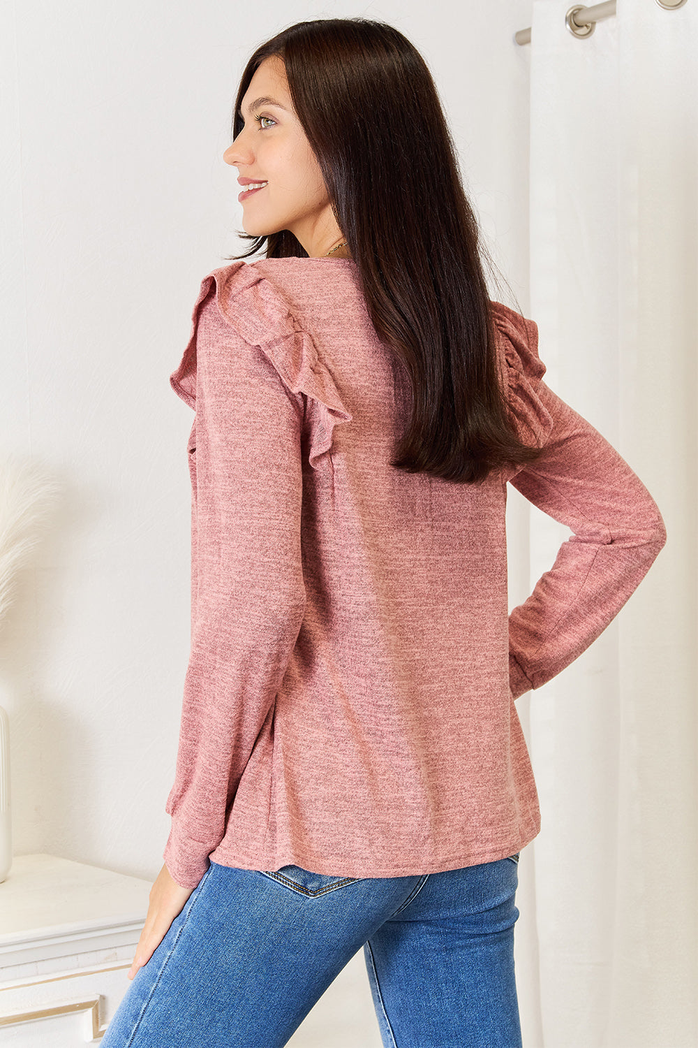 Square Neck Ruffle Shoulder Long Sleeve Tops