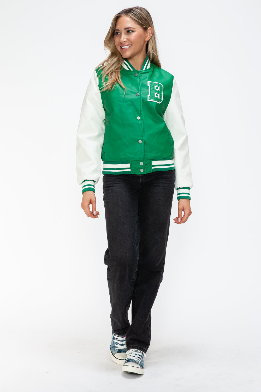 PU Leather Contrast Snap Down Bomber Jacket
