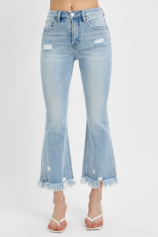 Raw Hem Distressed Cropped Flare Jeans Plus-Size