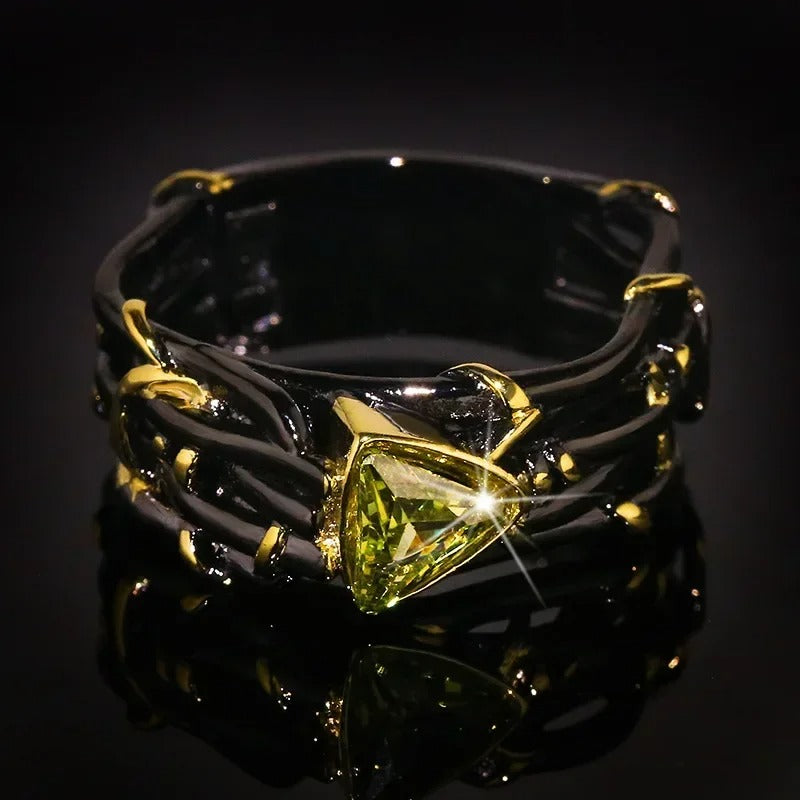Twisted Black & Gold Style Peridot, Ruby Zircon & Amethyst Zircon Rings