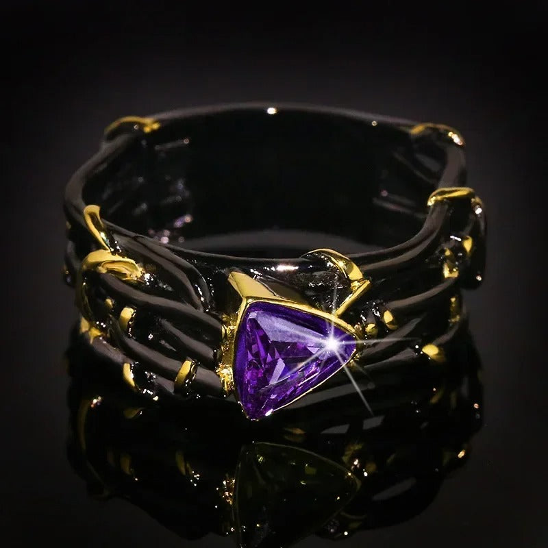 Twisted Black & Gold Style Peridot, Ruby Zircon & Amethyst Zircon Rings