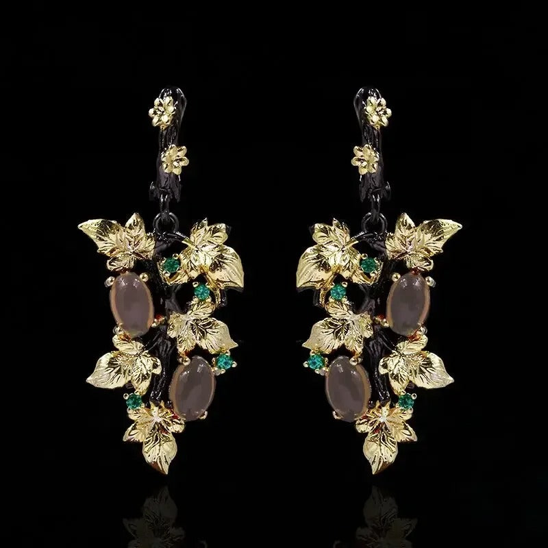 Gorgeous Crystal Zircon Black & Gold Style Leaf Earrings