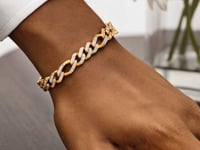 14k Yellow Gold White Pave High Polish Modern Lite Figaro Bracelet (9.5mm)