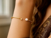 14k Yellow Gold Cuff Bangle with Pearl & Diamond (3.00 mm)