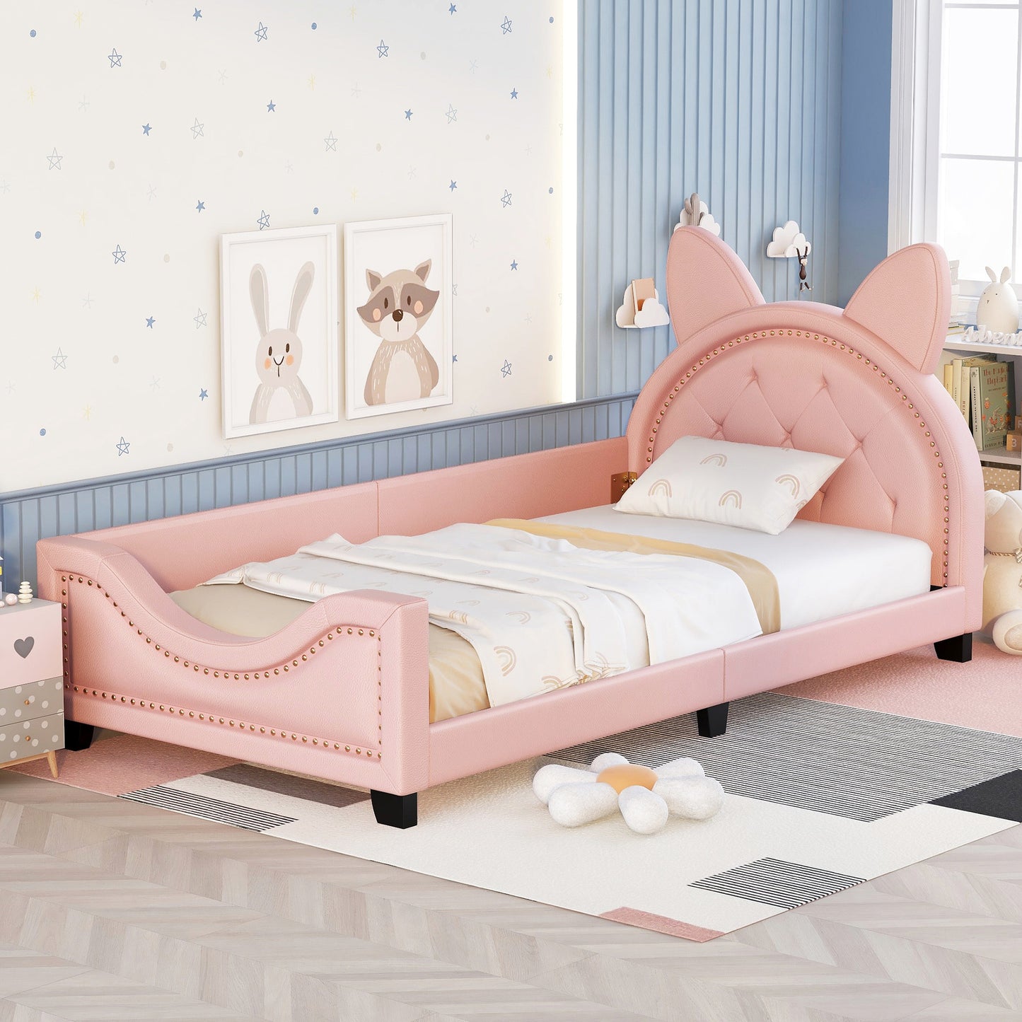 Girl's Pink Upholstered Twin Daybed with Animal Ear Headboard