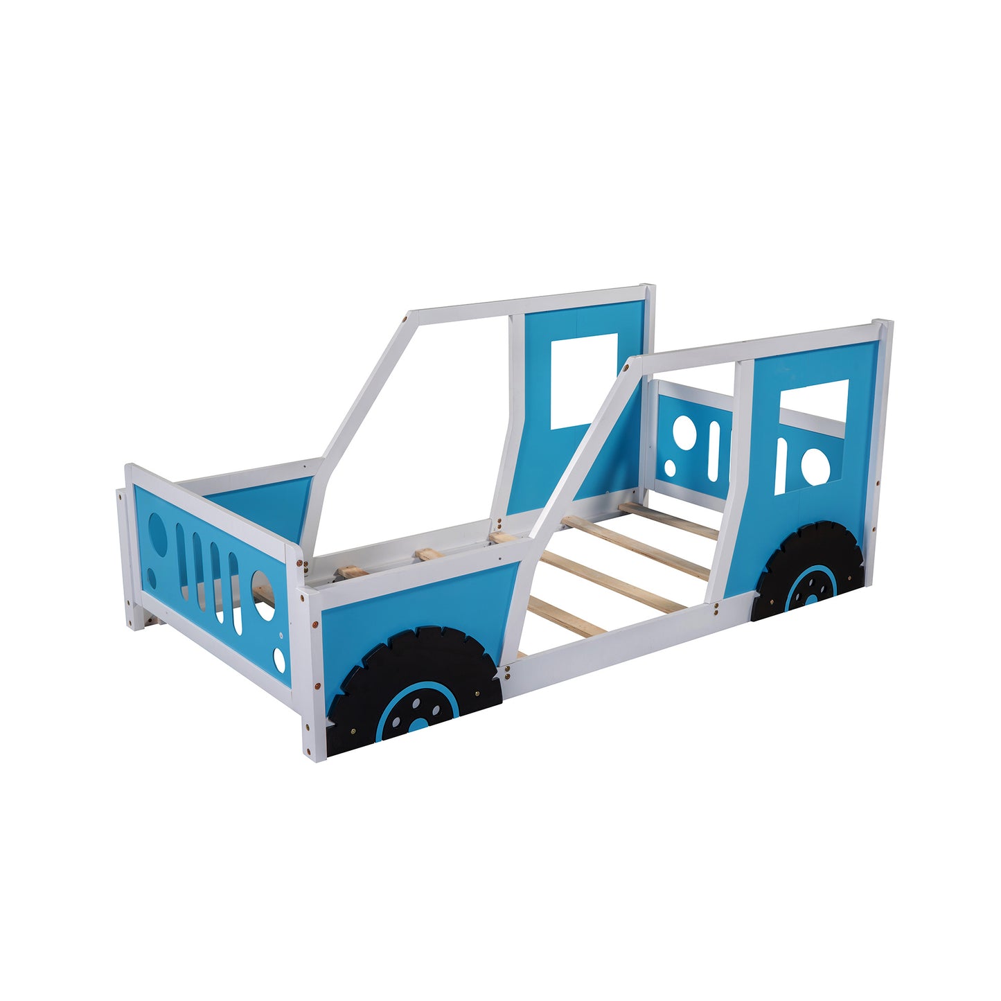 Twin Size Classic Car-Shaped Platform Bed with Wheels; Blue or White