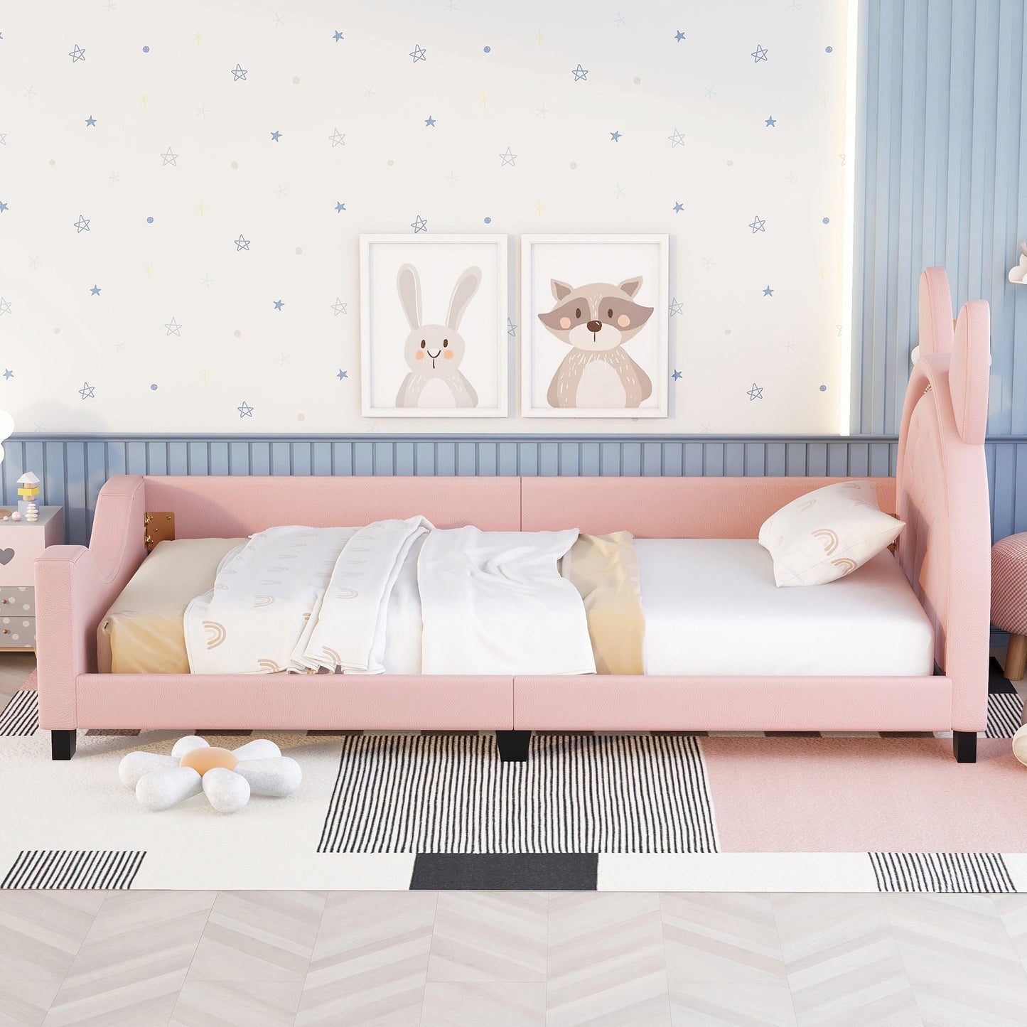 Girl's Pink Upholstered Twin Daybed with Animal Ear Headboard