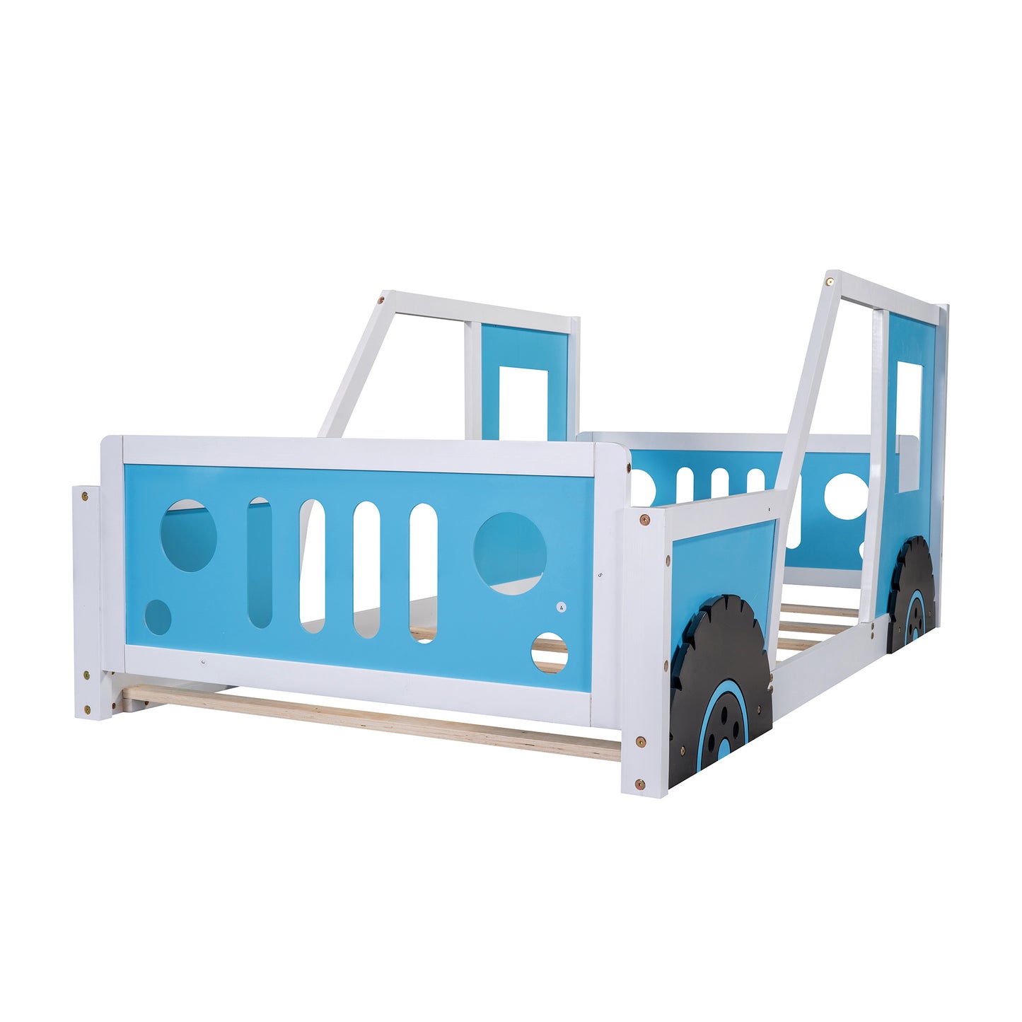 Twin Size Classic Car-Shaped Platform Bed with Wheels; Blue or White