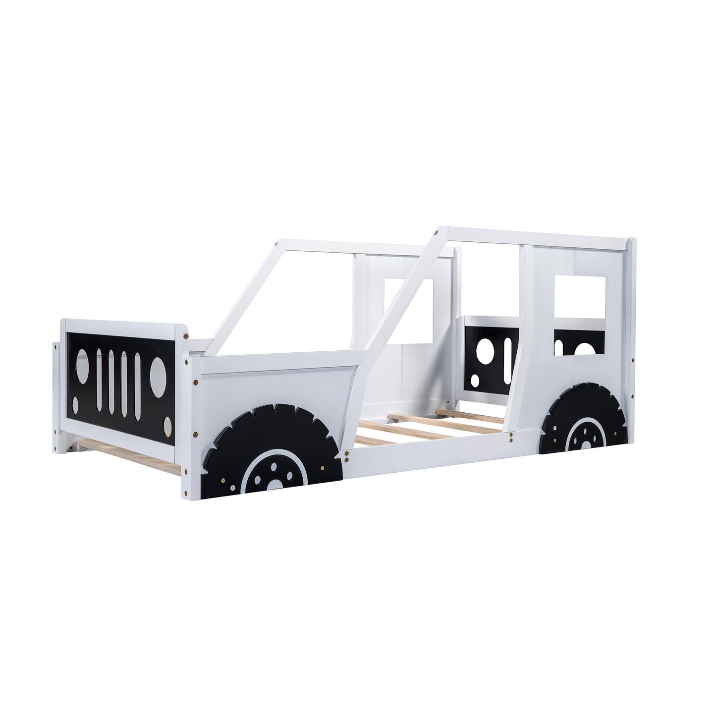 Twin Size Classic Car-Shaped Platform Bed with Wheels; Blue or White
