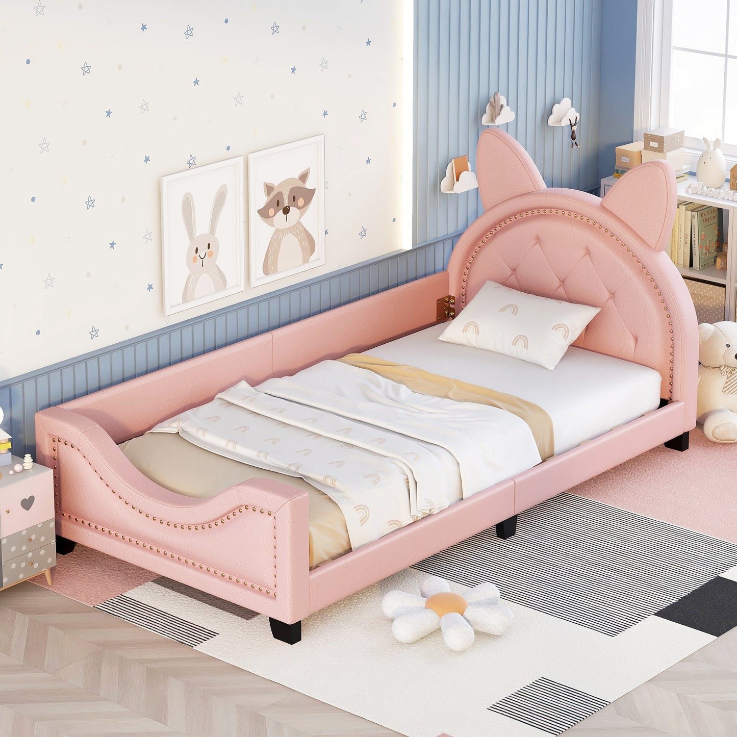 Girl's Pink Upholstered Twin Daybed with Animal Ear Headboard